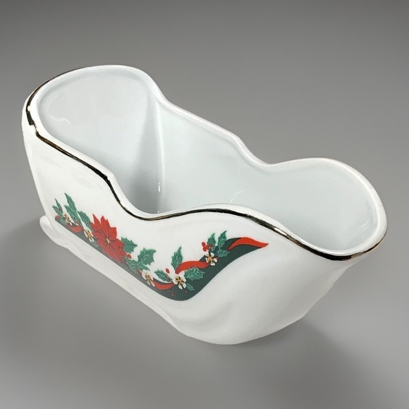 Tienshan Deck Halls Sleigh Gravy Boat Christmas Candy Dish Poinsettia 10"Lx3.75" - Picture 2 of 12